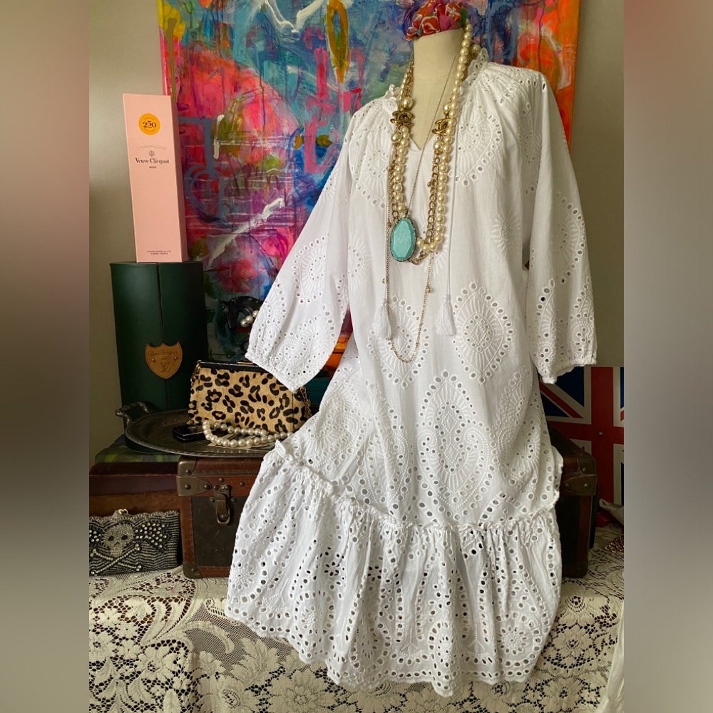 Summer PERFECTION White Cotton Eyelet SOFT SURROUNDINGS MIDI Dress L NWOT ☀️☀️☀️